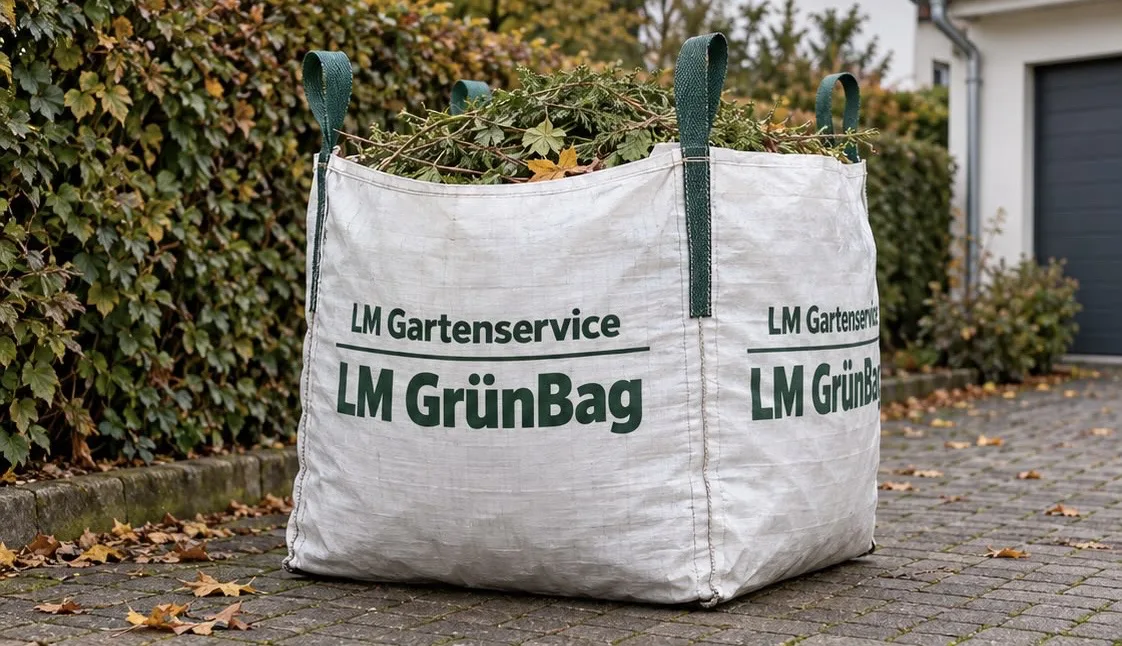 Gefüllter LM GrünBag mit Grünschnitt in einer Einfahrt